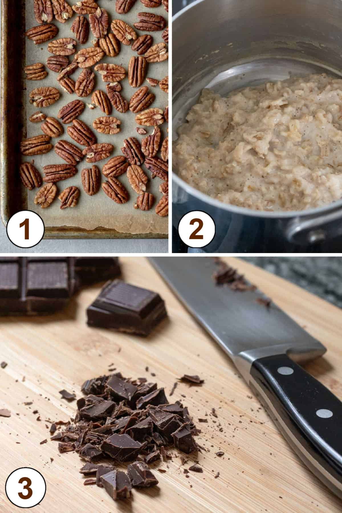 toasting pecans, cooking oats, and chopping chocolate.