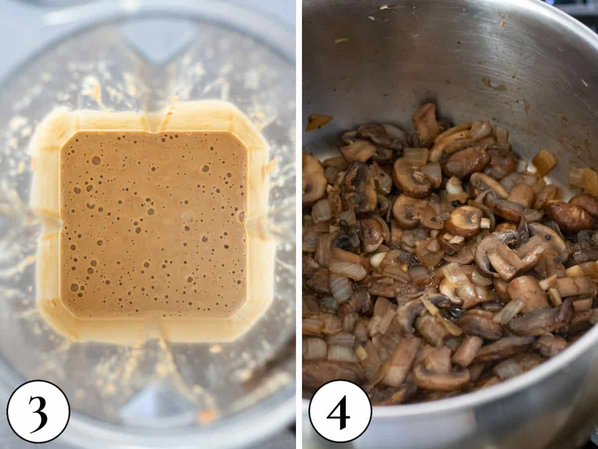 two photos showing blended mushroom mixture and sauteed mushrooms.