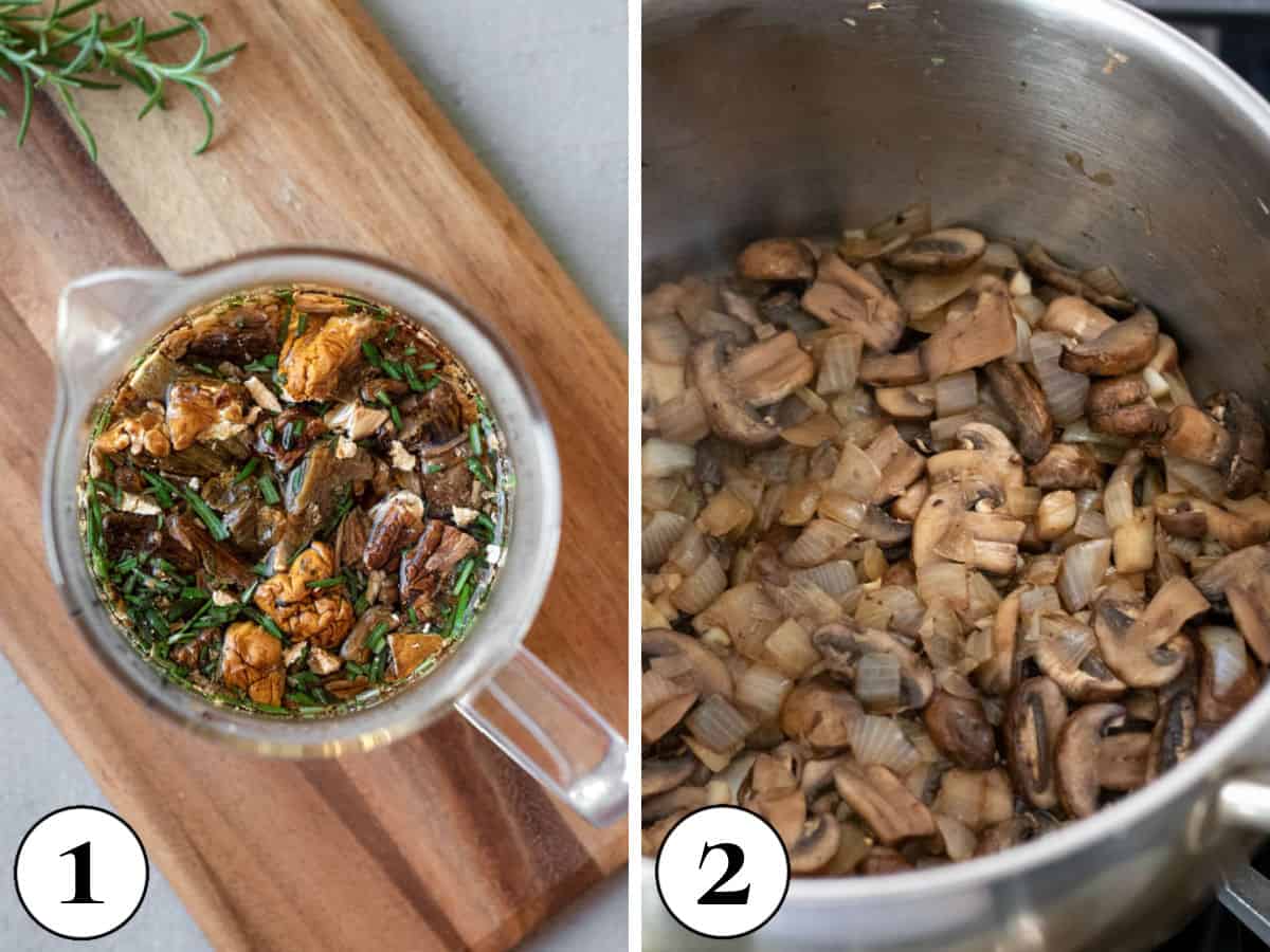 two photos showing how to steep the dried mushrooms and begin a saute.