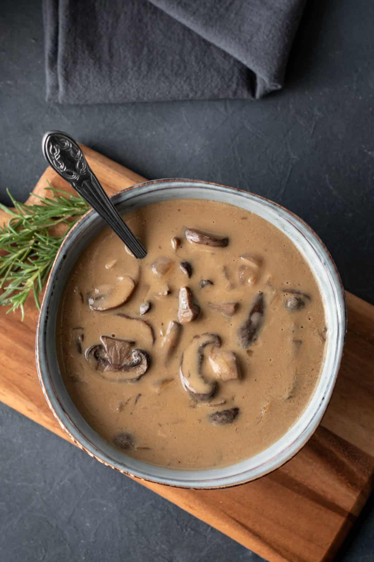 overhead shot of vegan cream of mushroom in a bowl