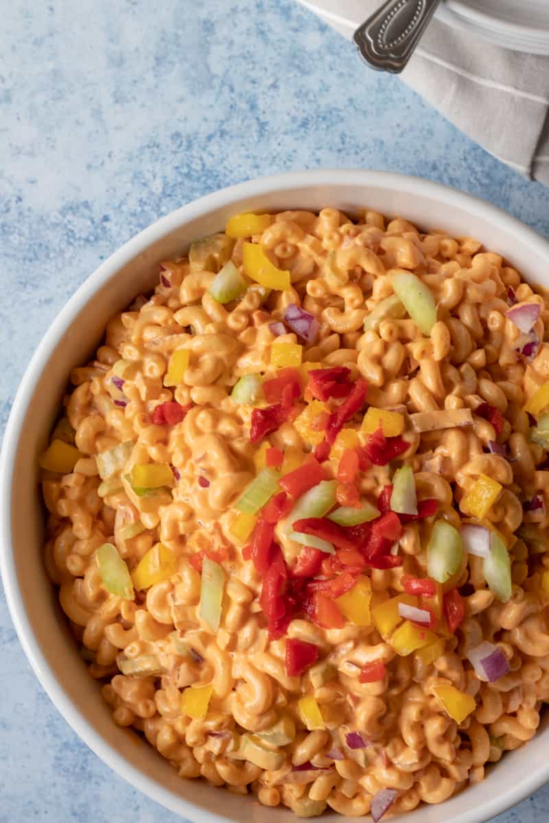 overhead shot of pimento macaroni salad.