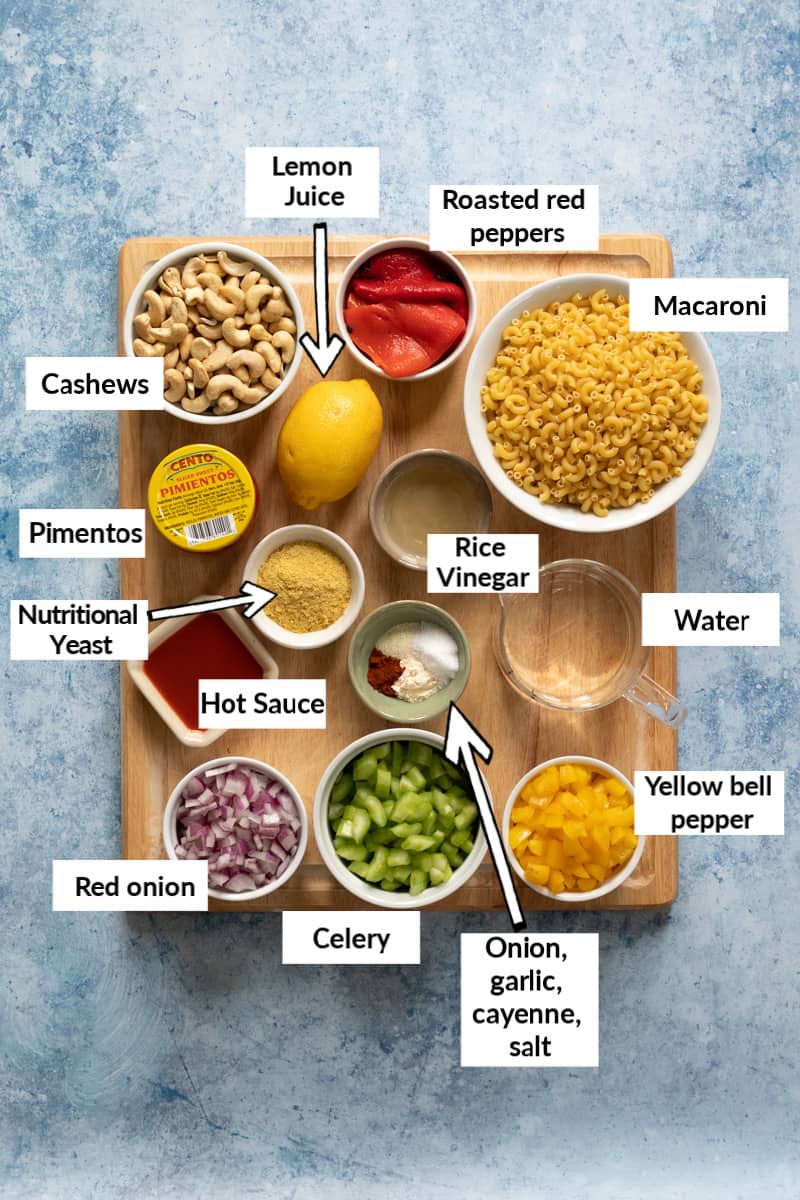 Ingredients for healthy pimento macaroni salad.