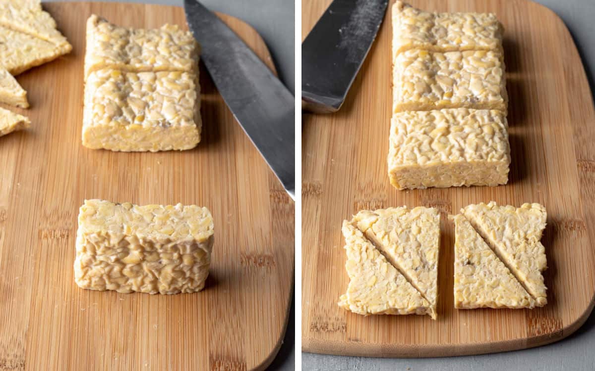 2 photos showing how to slice tempeh into thin triangles.