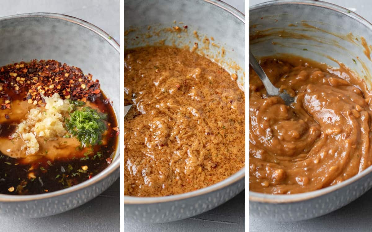 a 3-photo collage showing the stages of stirring together easy peanut sauce