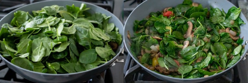 a two-photo collage showing addition of spinach to the pan