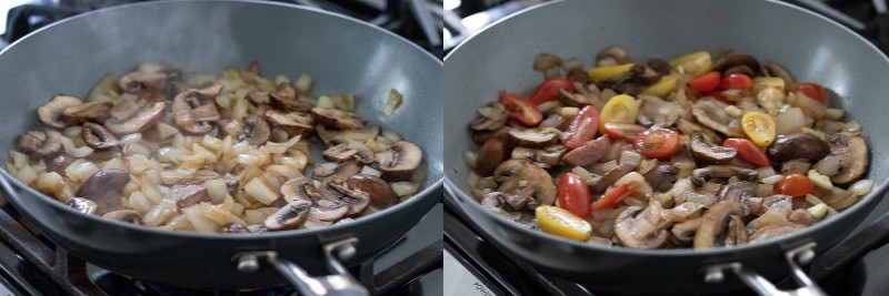 a two-photo collage showing sautéing of vegetables