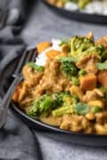 curried seitan plated with rice