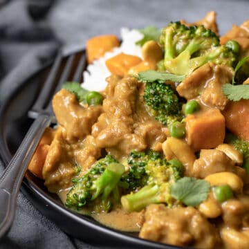 curried seitan plated with rice