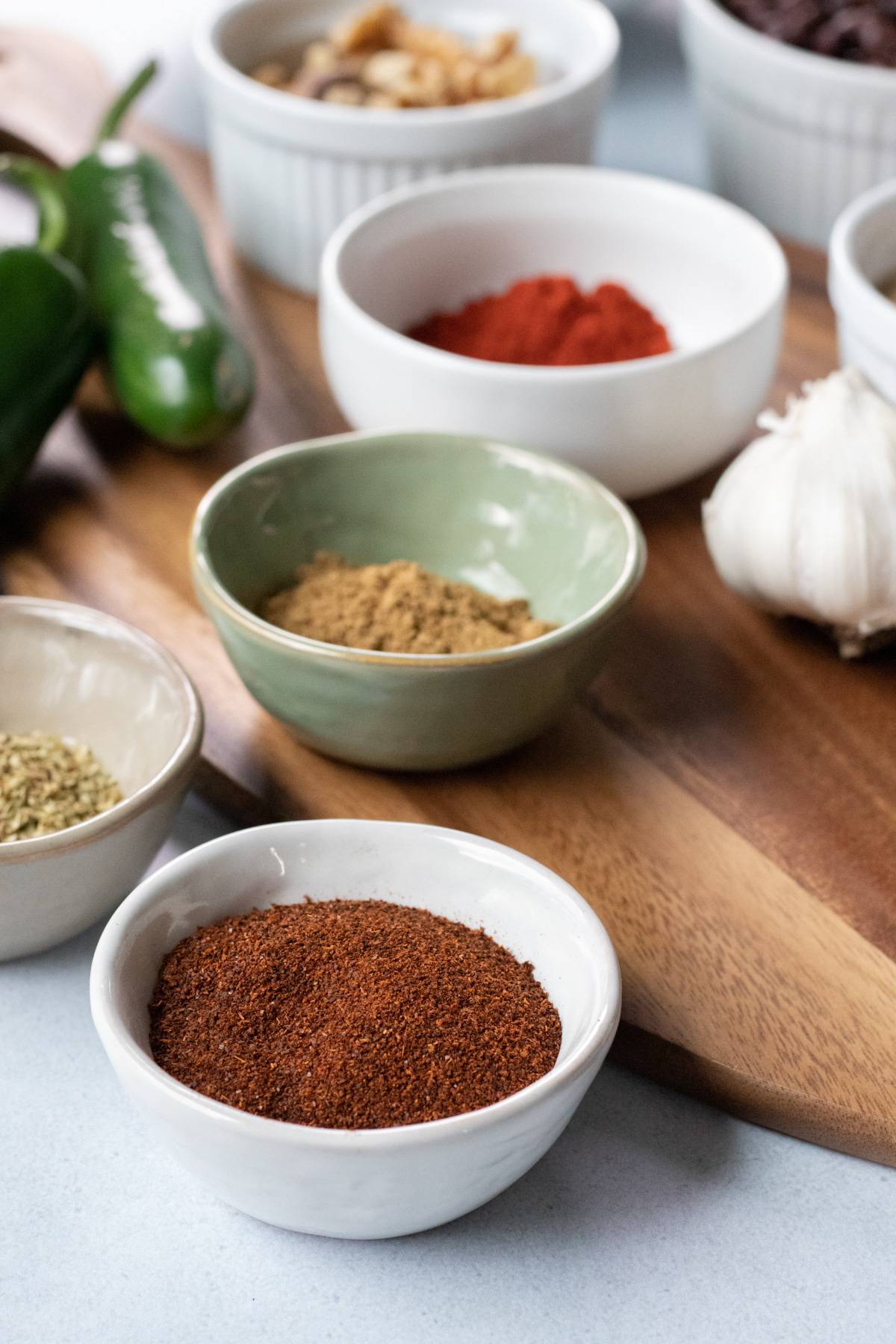 close up of spices and ingredients in lentil chili.