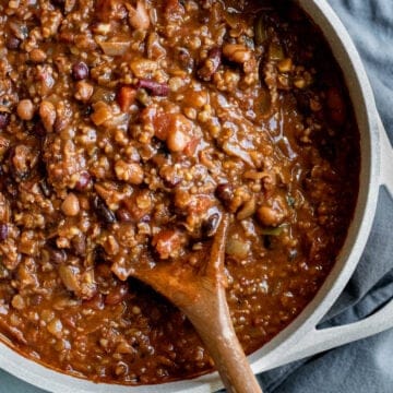 close up of chili in a pot showing thick meaty texture.