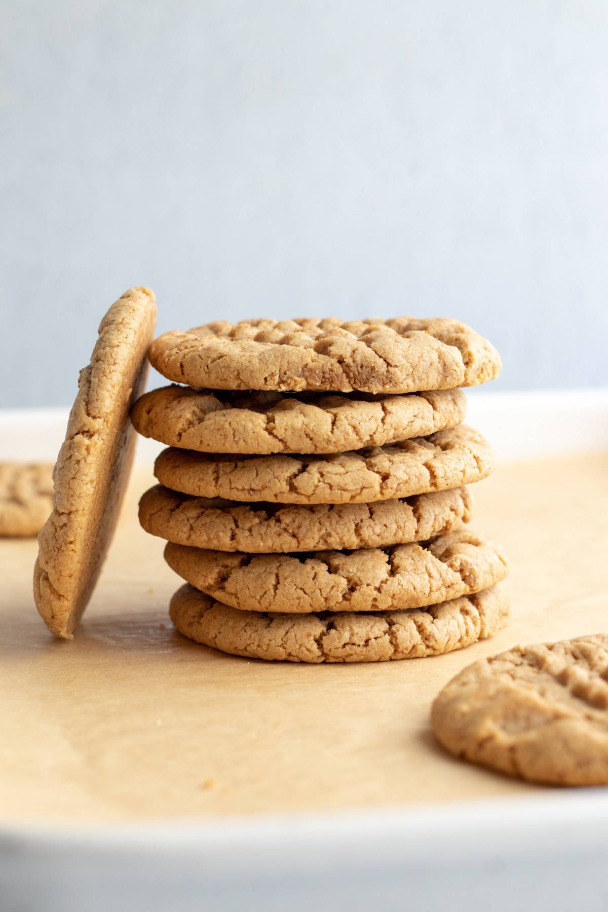 a stack of 6 cookies with one cookie leaning against the side