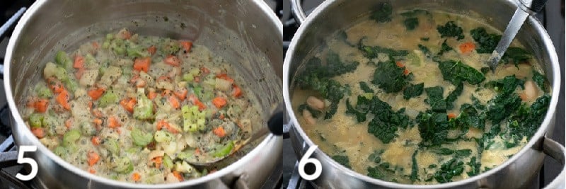 2 photos showing cooking the milk and flour until creamy then adding final ingredients.