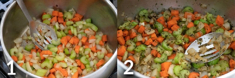 2-photo collage showing the beginning steps of sautéing vegetables.