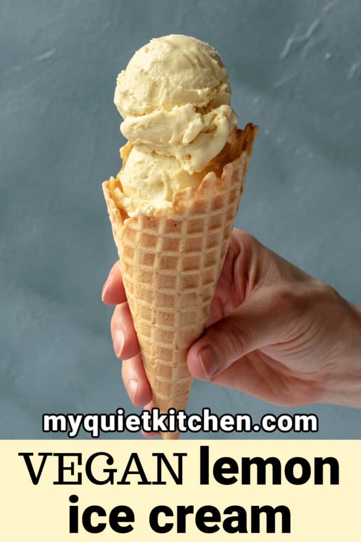 photo of vegan ice cream cone with text overlay.