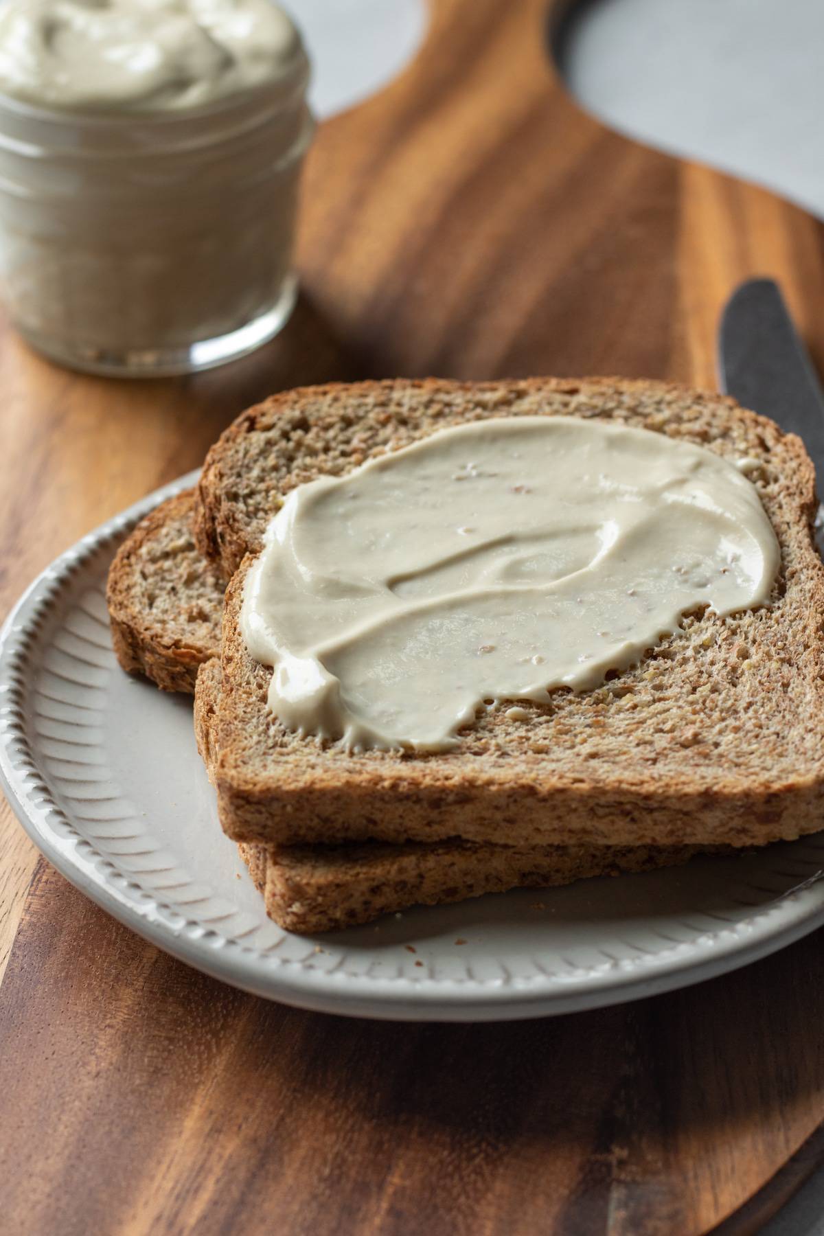 homemade aquafaba mayo spread on bread.