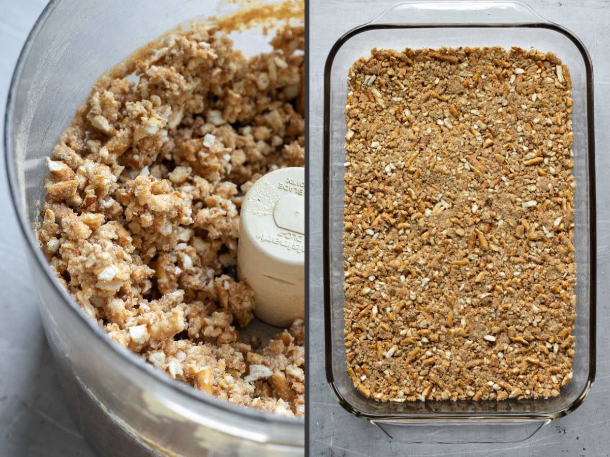 a 2-photo collage showing the texture of the pretzel crust mixture.