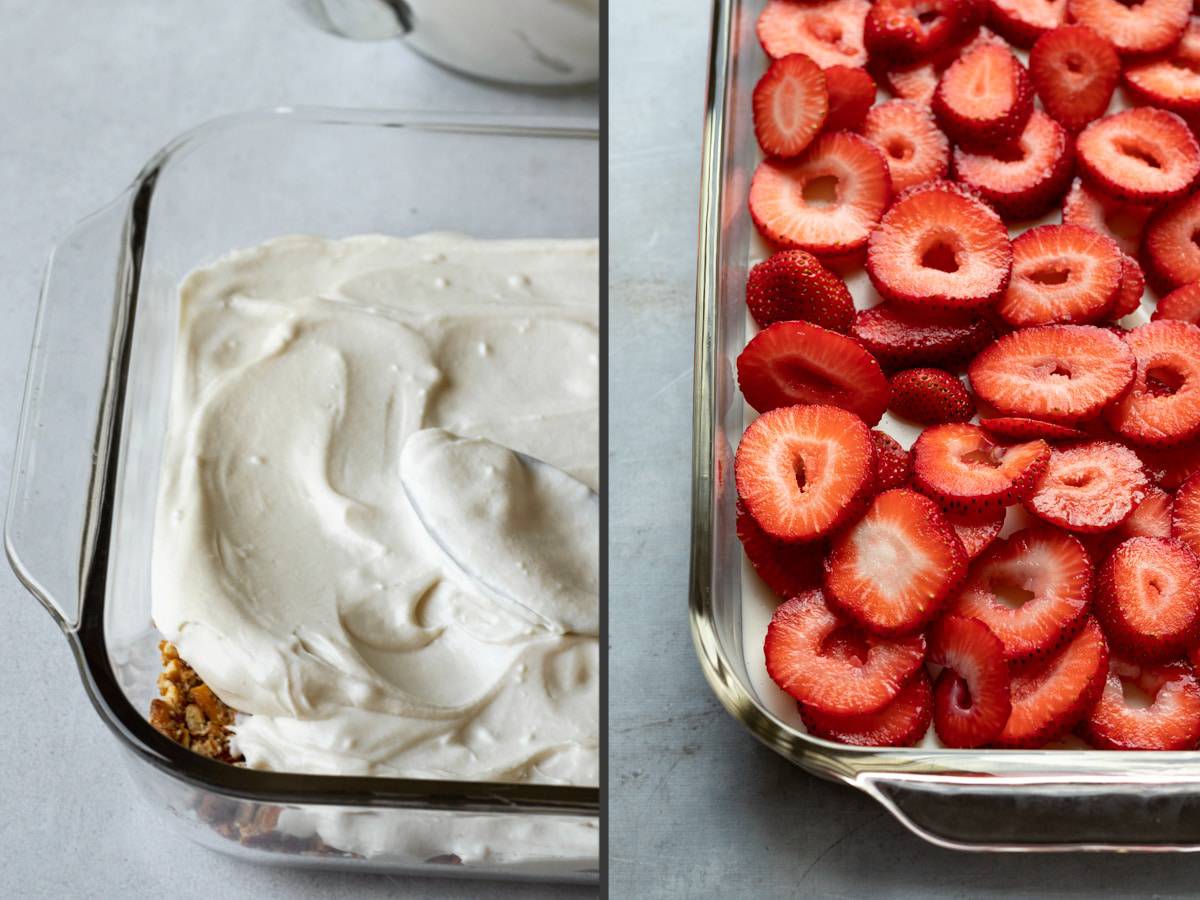 2-photos showing spreading cream cheese all the way to the edge of the dish then topping with sliced strawberries