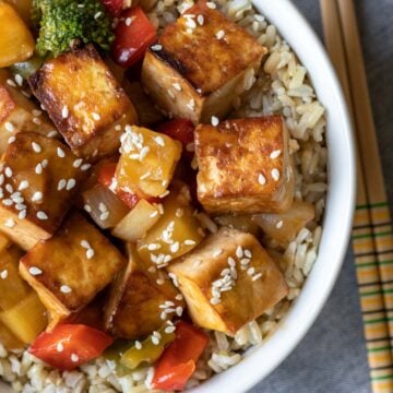 overhead close up of sweet and sour tofu in bowl