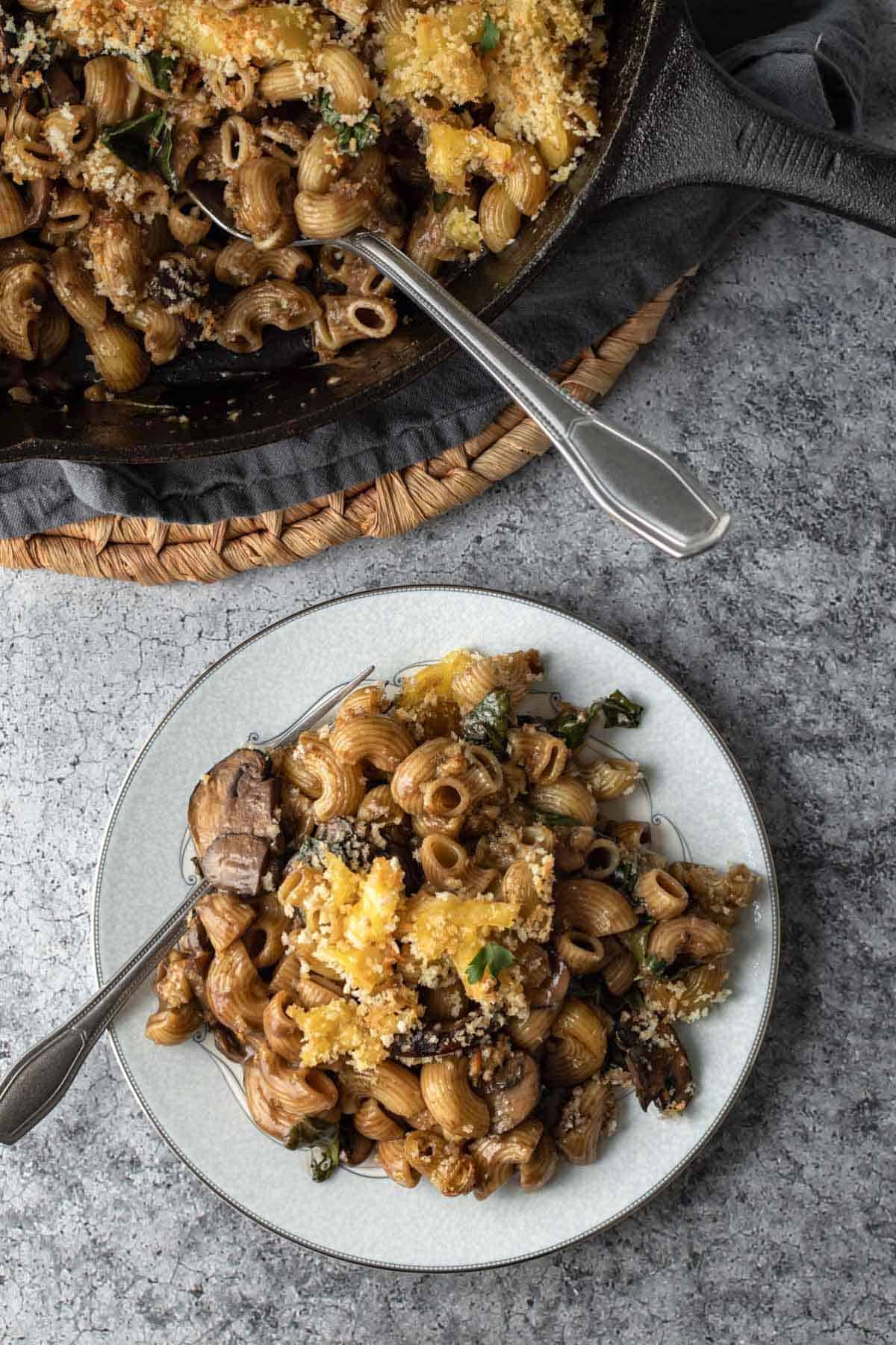 a serving of baked pasta on a plate.