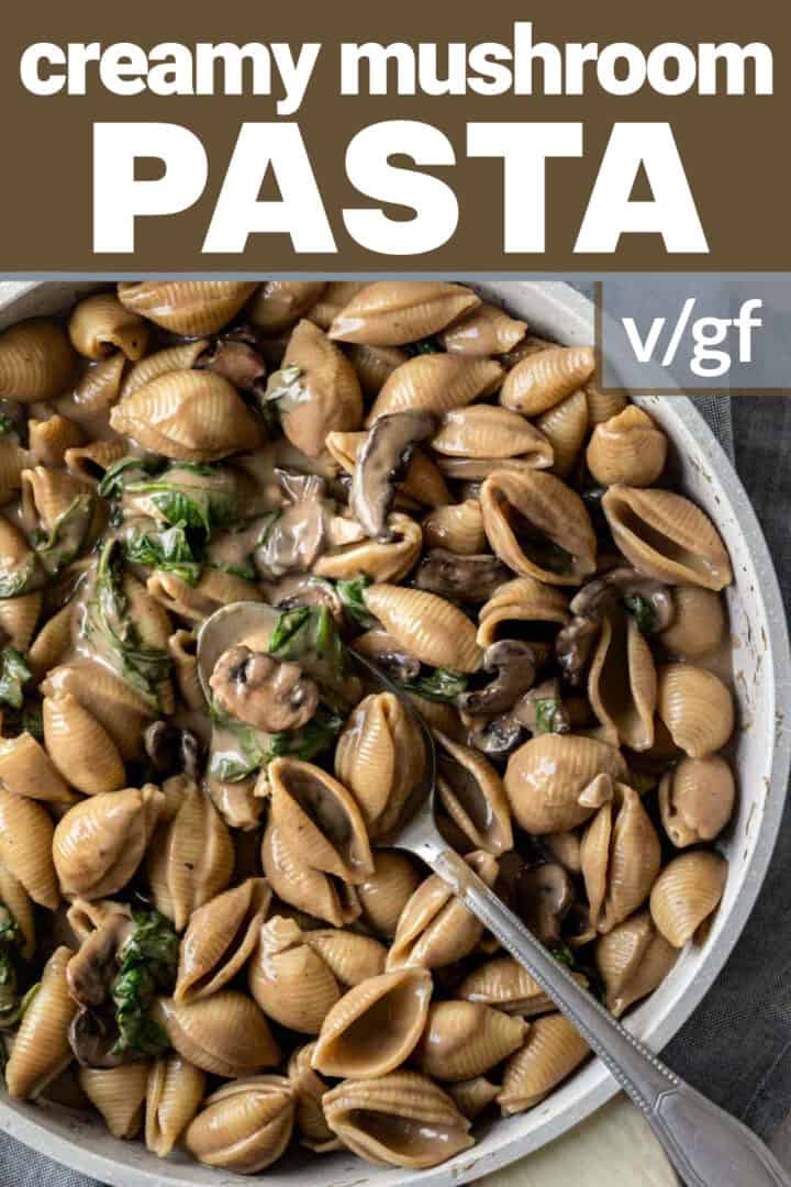mushroom pasta with title text to save on Pinterest.