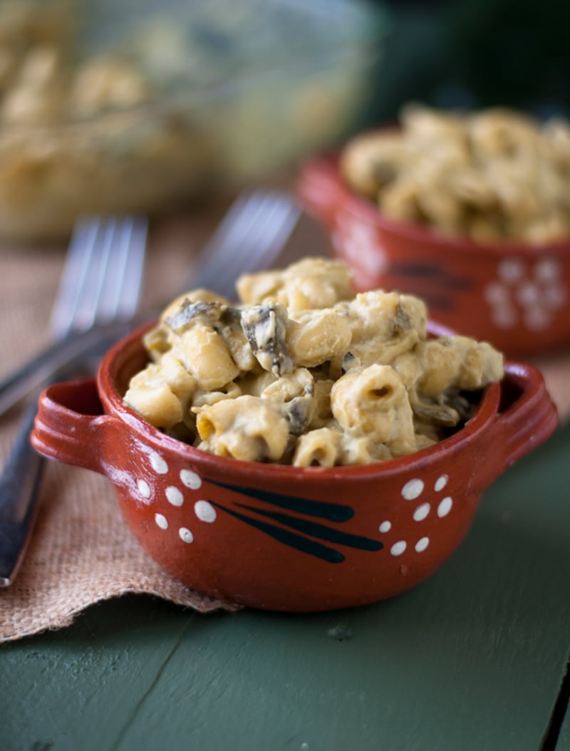 small red bowl filled with green chile mac.