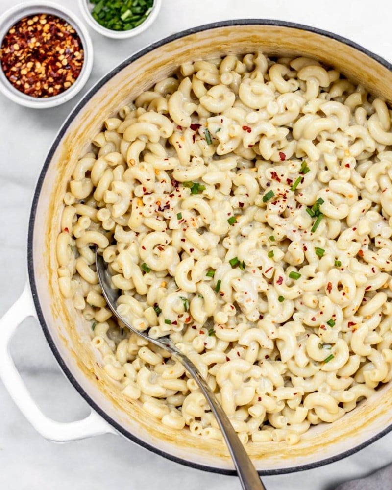 overhead shot of a big pot of creamy mac and cheese.