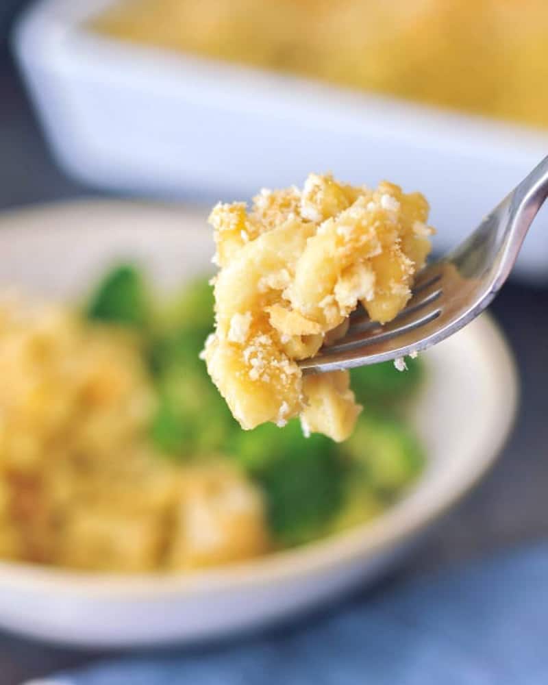 close up of a bite of mac and cheese on a fork.