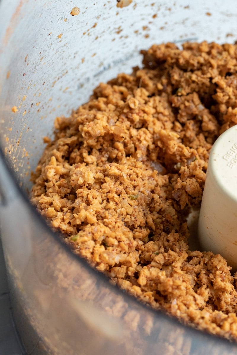 View of the texture of vegan taco meat after processing.