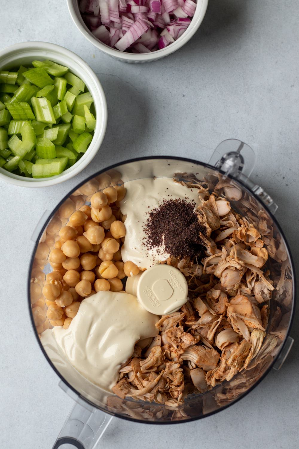 chickpeas, jackfruit, mayo, and dulse in a food processor.