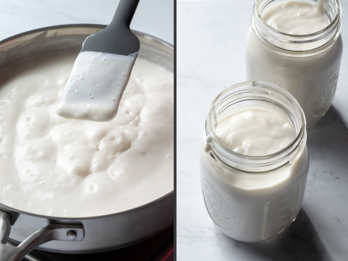 2-photo collage showing thickness of yogurt mixture after simmering, then poured into 2 pint jars.