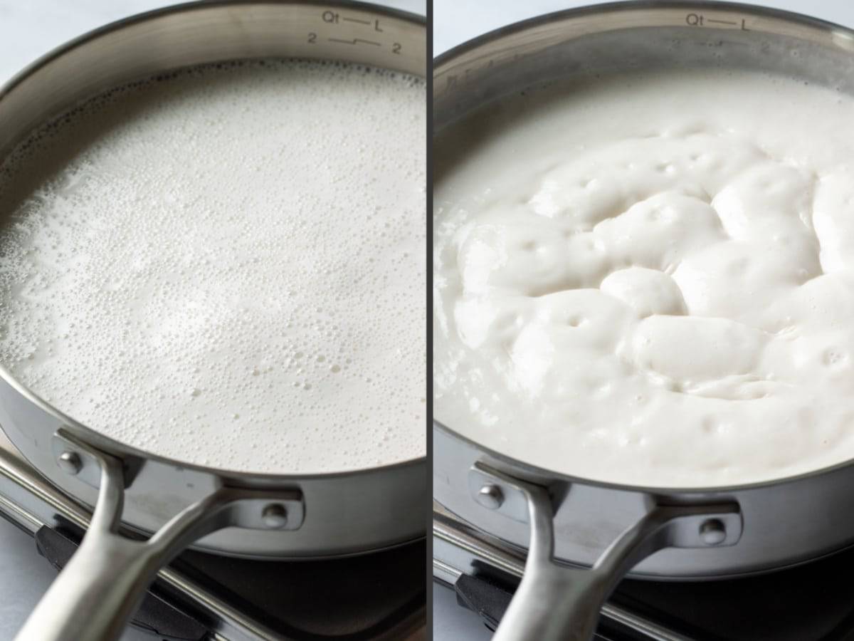 a 2-photo collage showing the change in thickness after simmering the cashew milk.