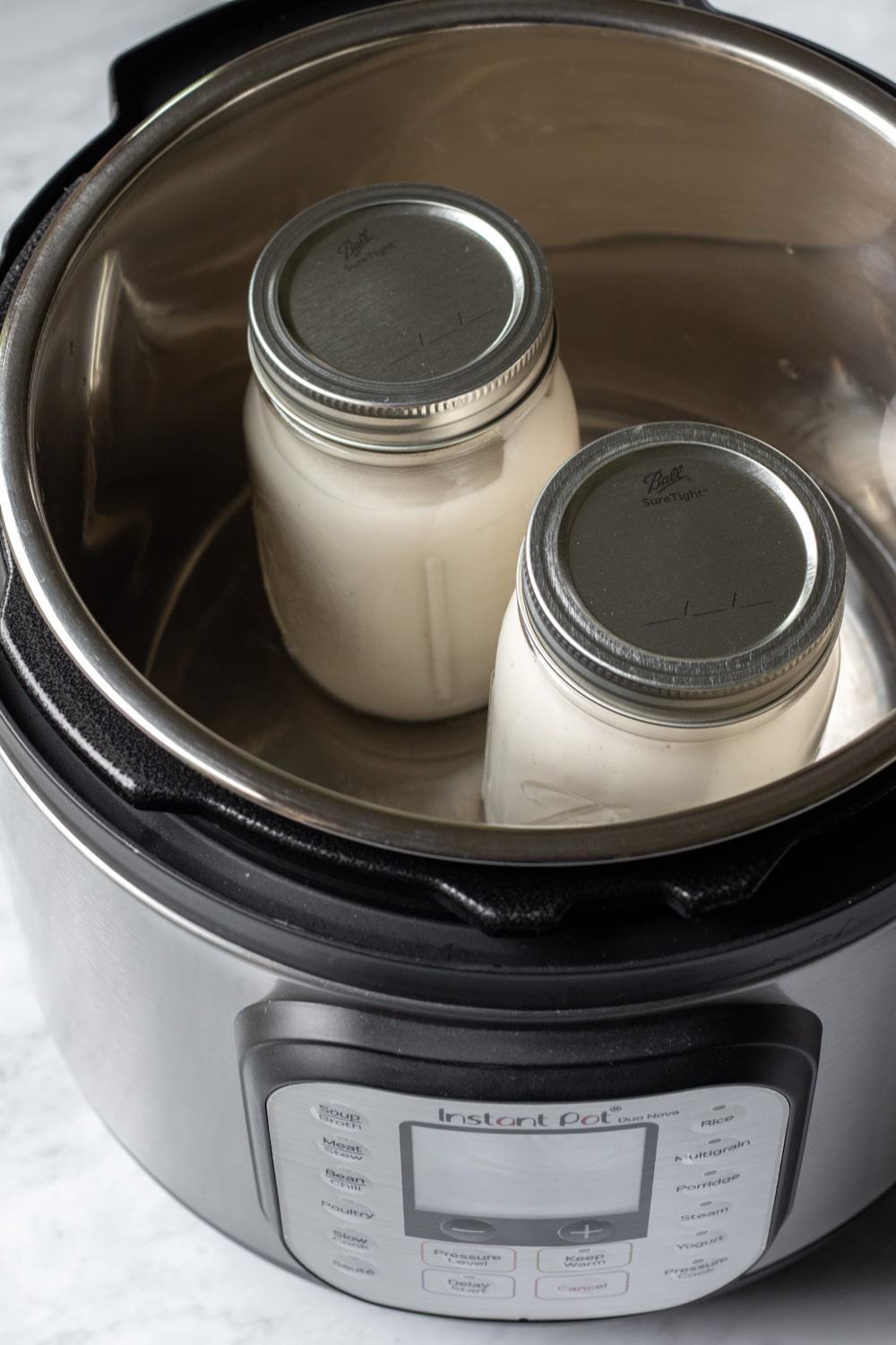 two pint jars filled with yogurt mixture sitting inside a 6-Quart Instant Pot.