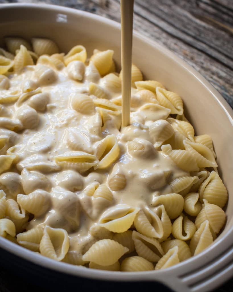 a stream of vegan cheese sauce being poured onto cooked shell pasta.