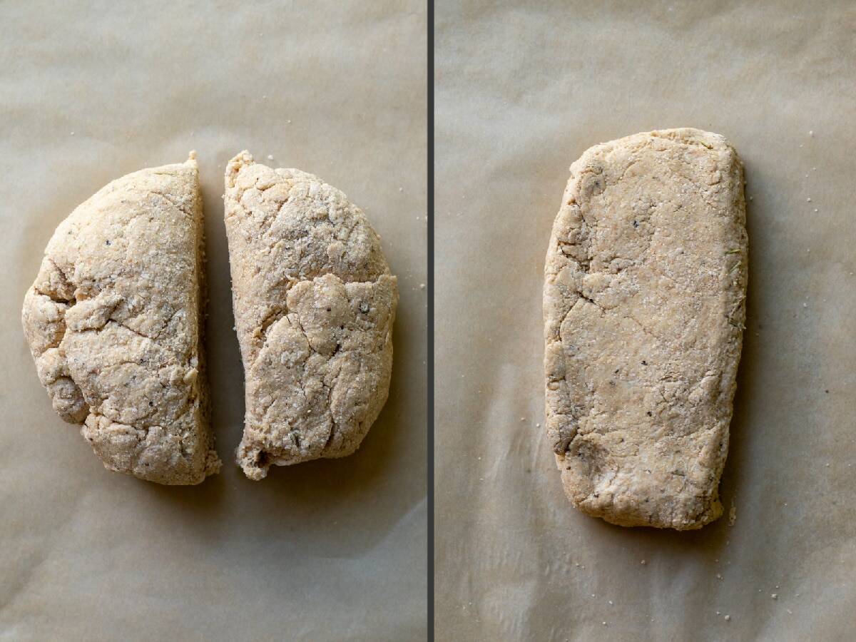 two photos showing the cracker dough cut into two pieces.