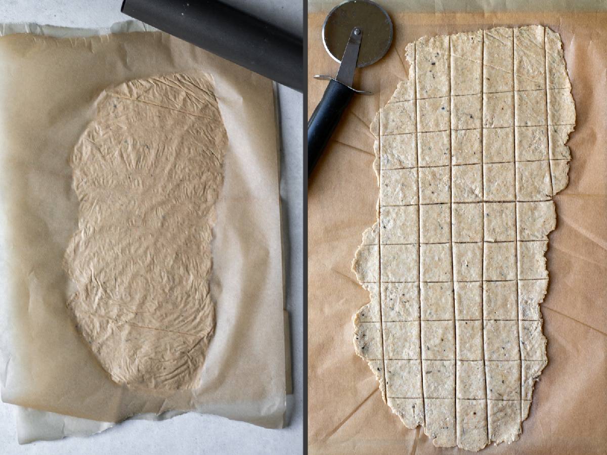 rolling out the dough between two pieces or parchment paper.