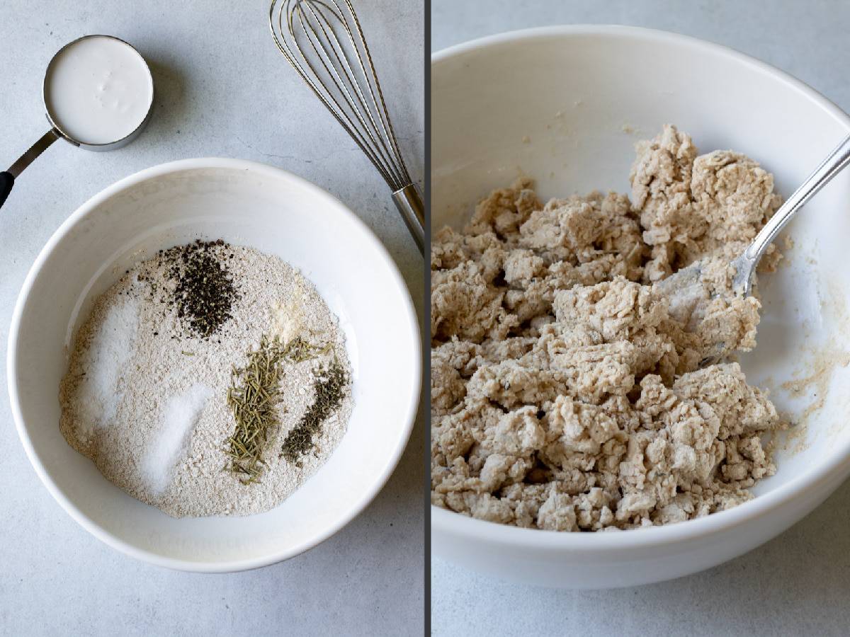 2-photo collage with dry ingredients on the left and a shaggy dough on the right.