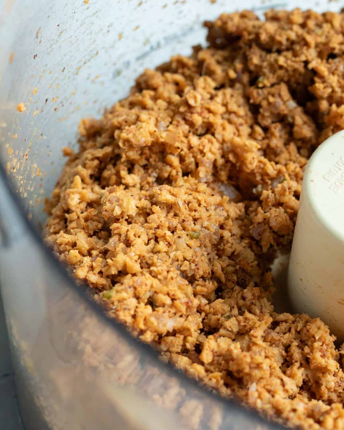 View of the texture of soy curl meat after processing