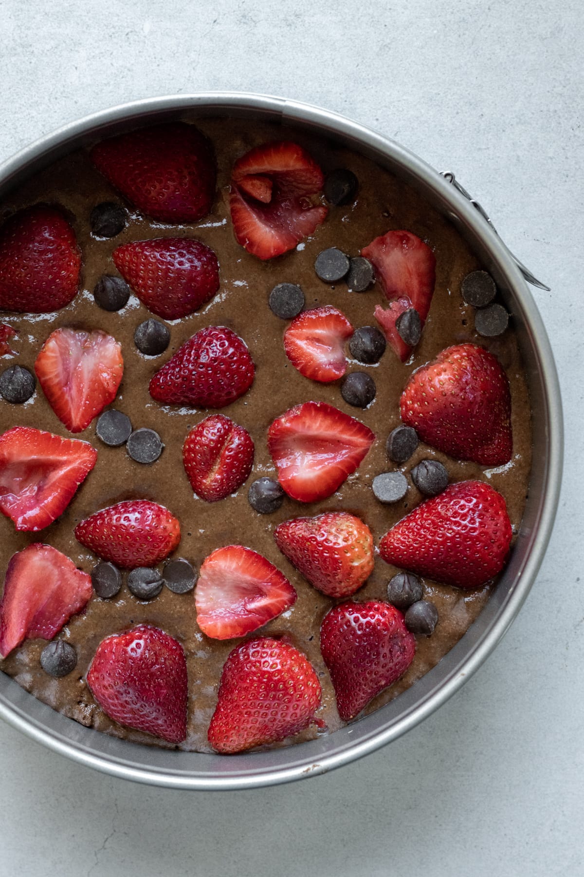 batter in springform pan with berries and chocolate chips pressed on top, ready to be baked