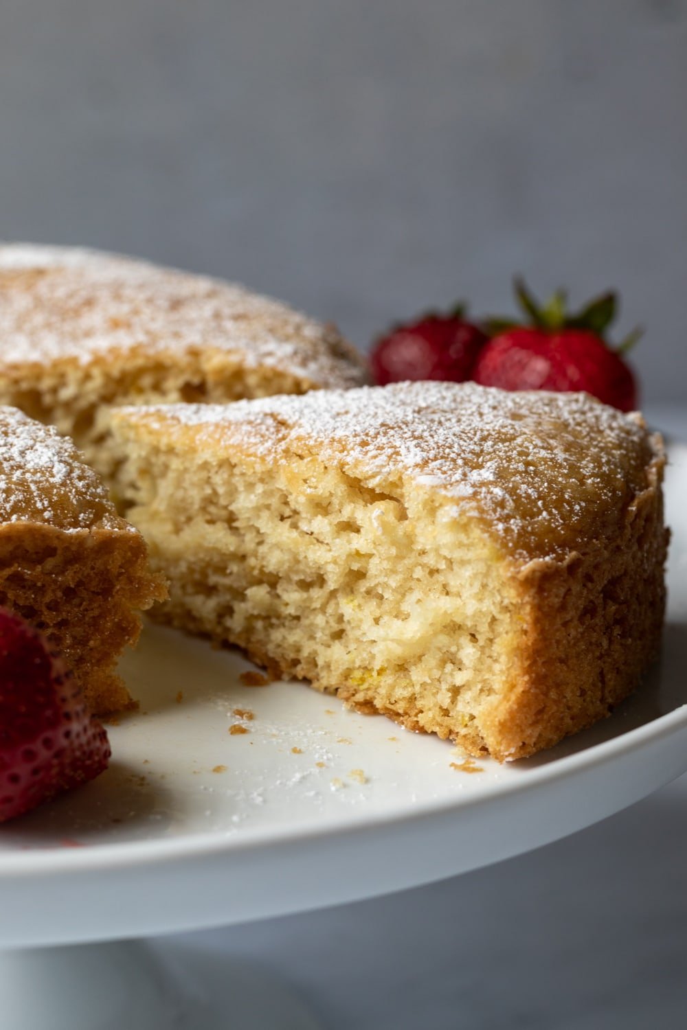 close up side view of a moist slice of cake.