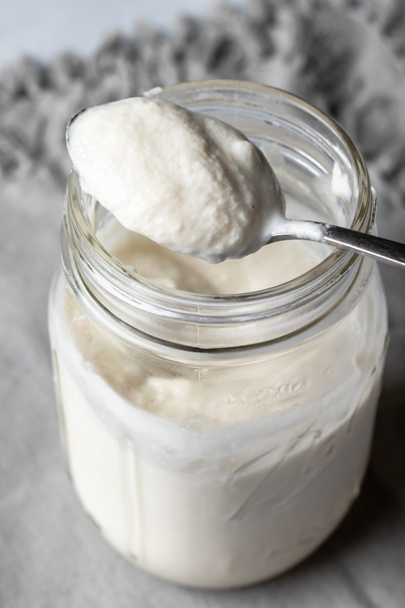 a spoonful of thick vegan yogurt held over a jar.