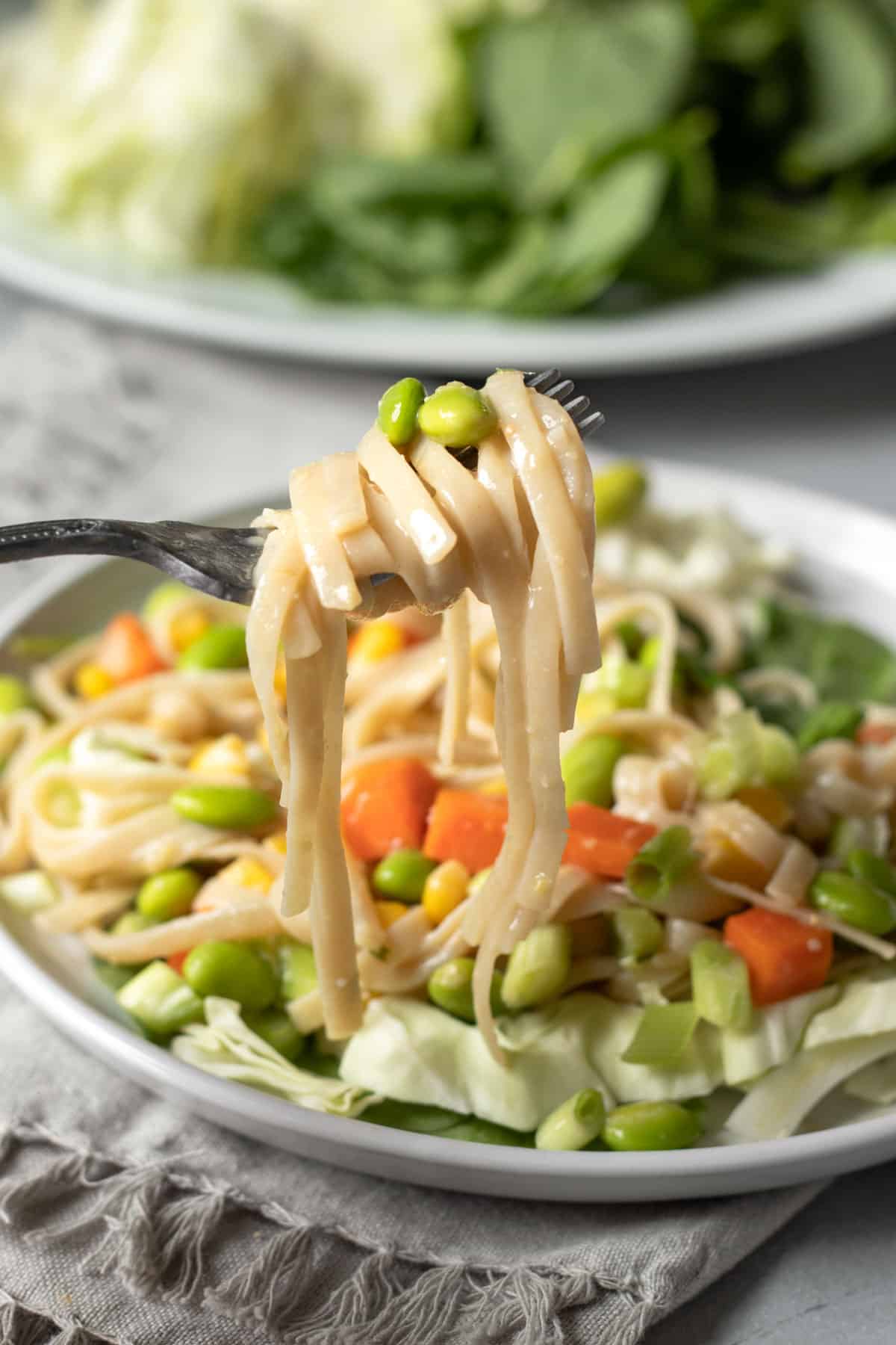 a bite of vegan miso noodles on a fork.