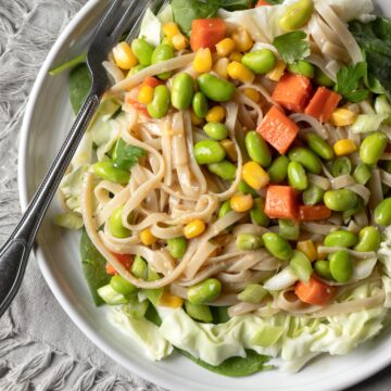 close up view of saucy miso dressing on noodles.