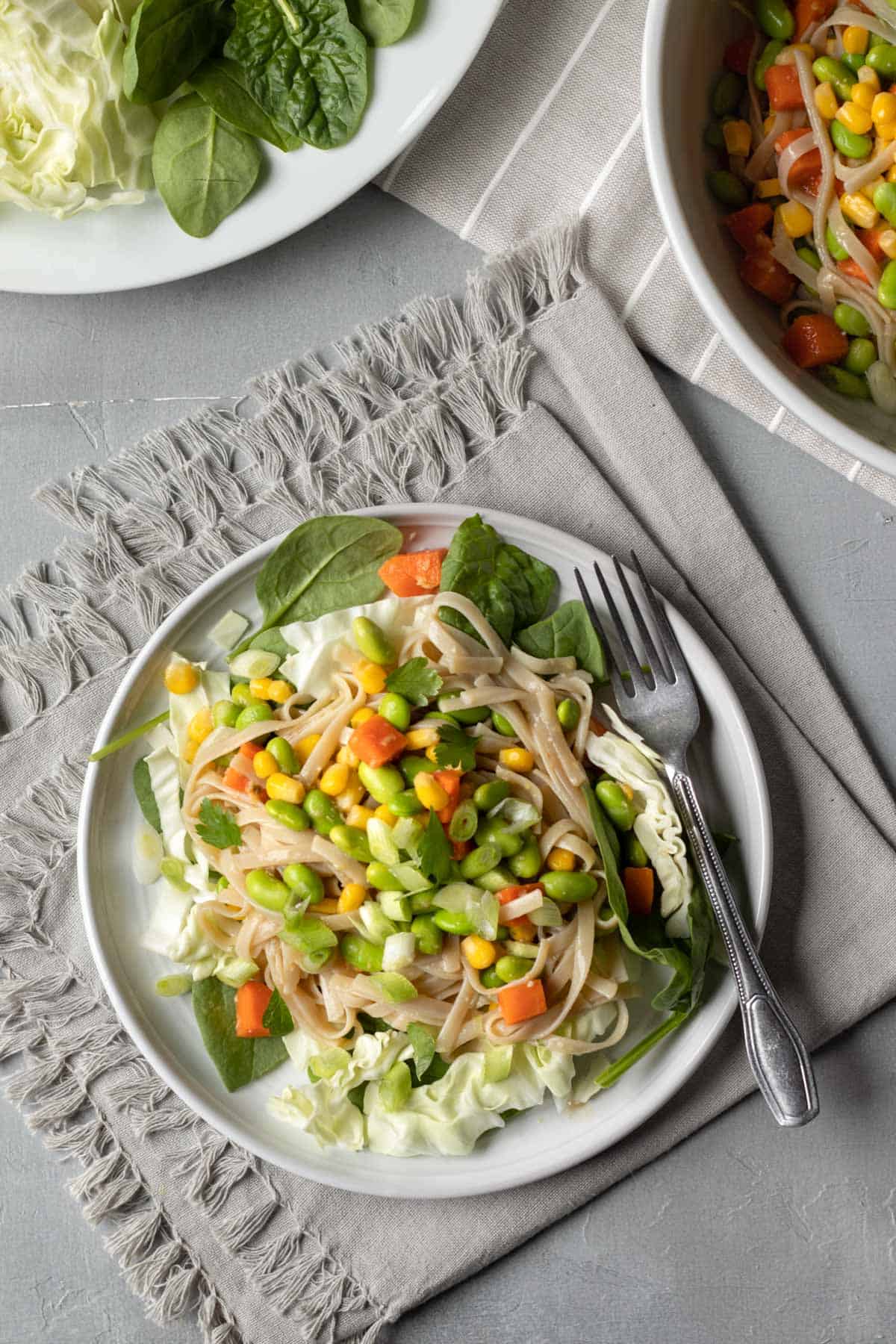 overhead view of a serving of miso noodles on a plate with a serving bowl in the background.