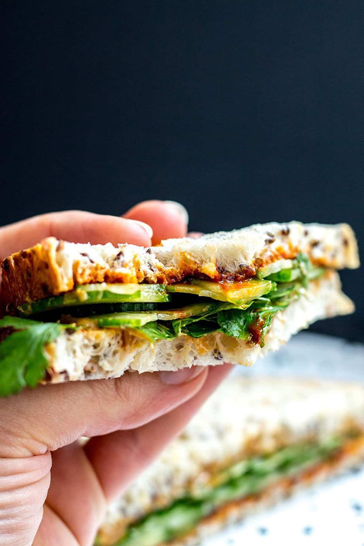 hand holding a sandwich with cucumber, cilantro, and sauce inside.