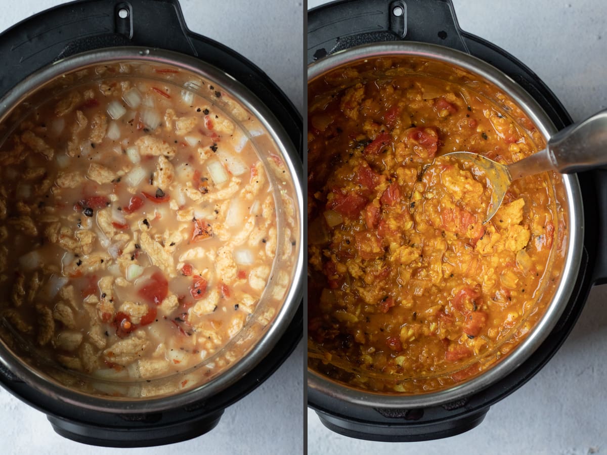 2 photo collage showing ingredients in Instant Pot, then cooked dish.