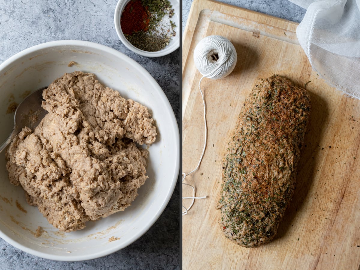 2 photo collage showing texture of dough then a kneaded and shaped seitan loaf.