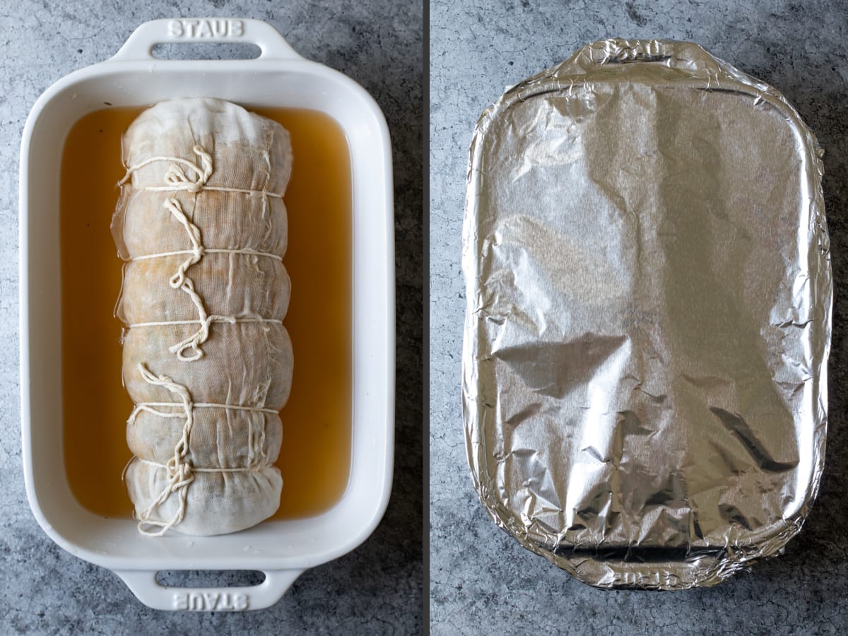 2 photos showing the seitan roast wrapped in cheesecloth sitting in broth, then a pan covered with foil.