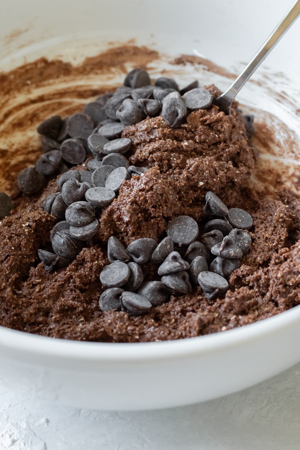 stirring chocolate chips into the cookie dough in a large bowl.