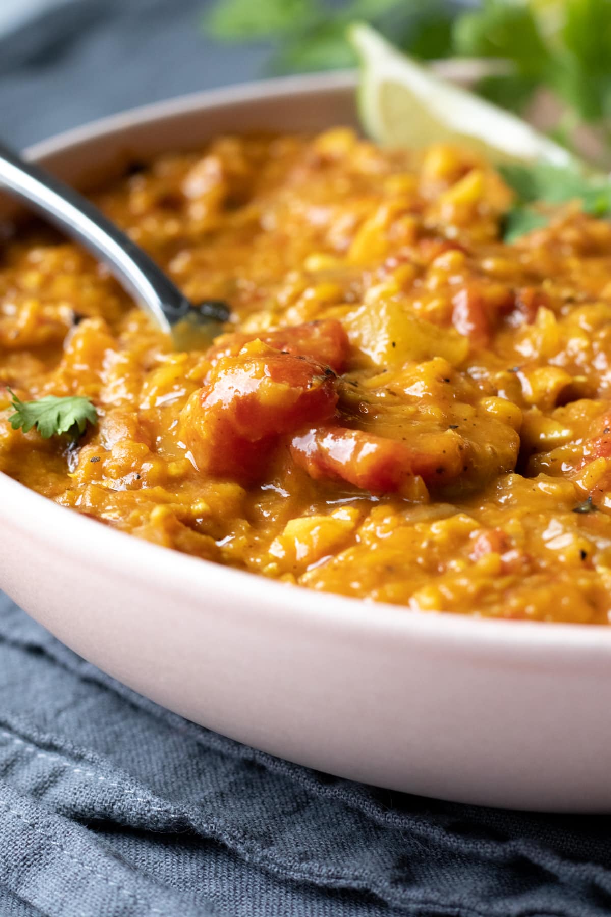 close up of lentil curry in a bowl.