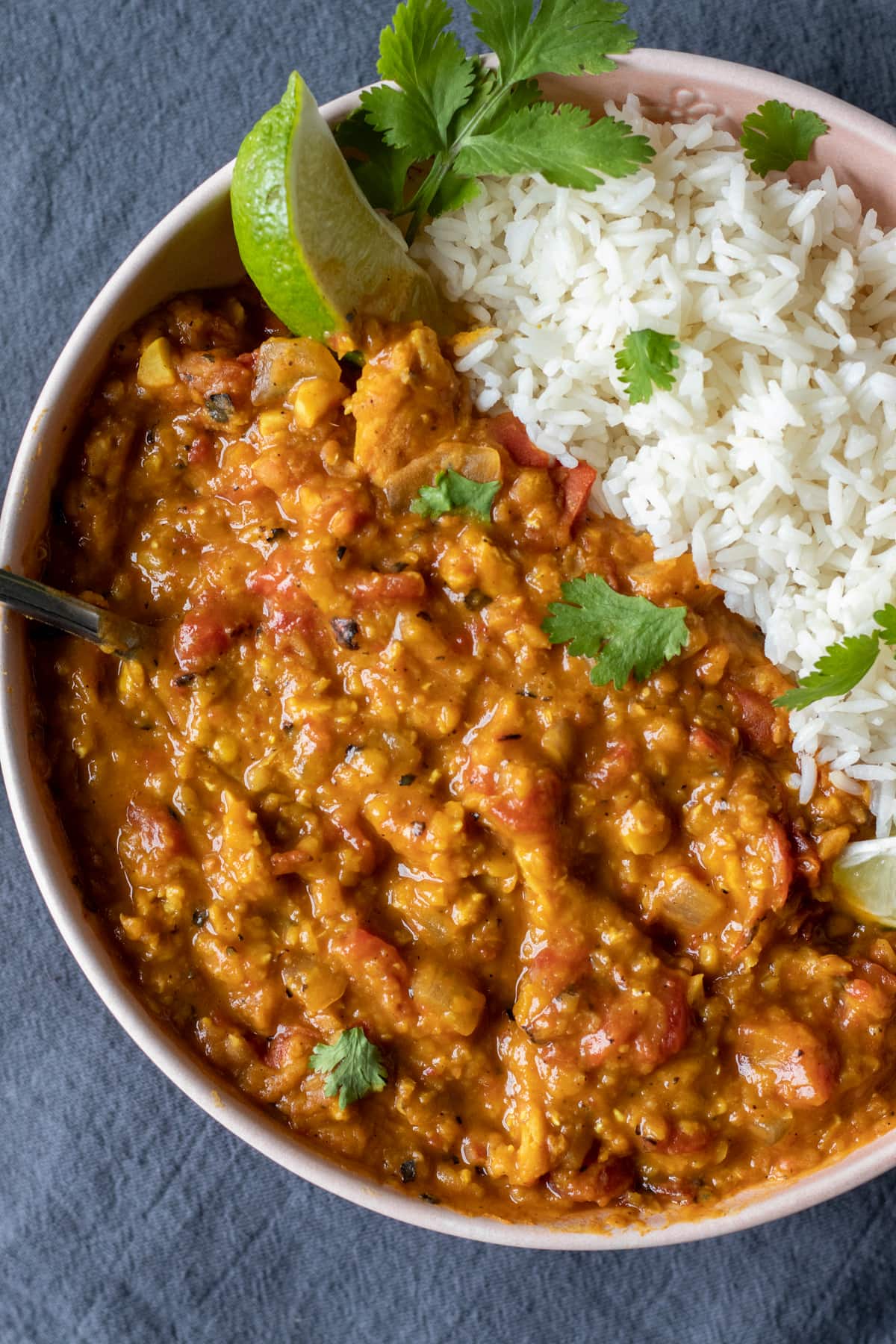 overhead of vegan lentil curry in a pink bowl with rice.